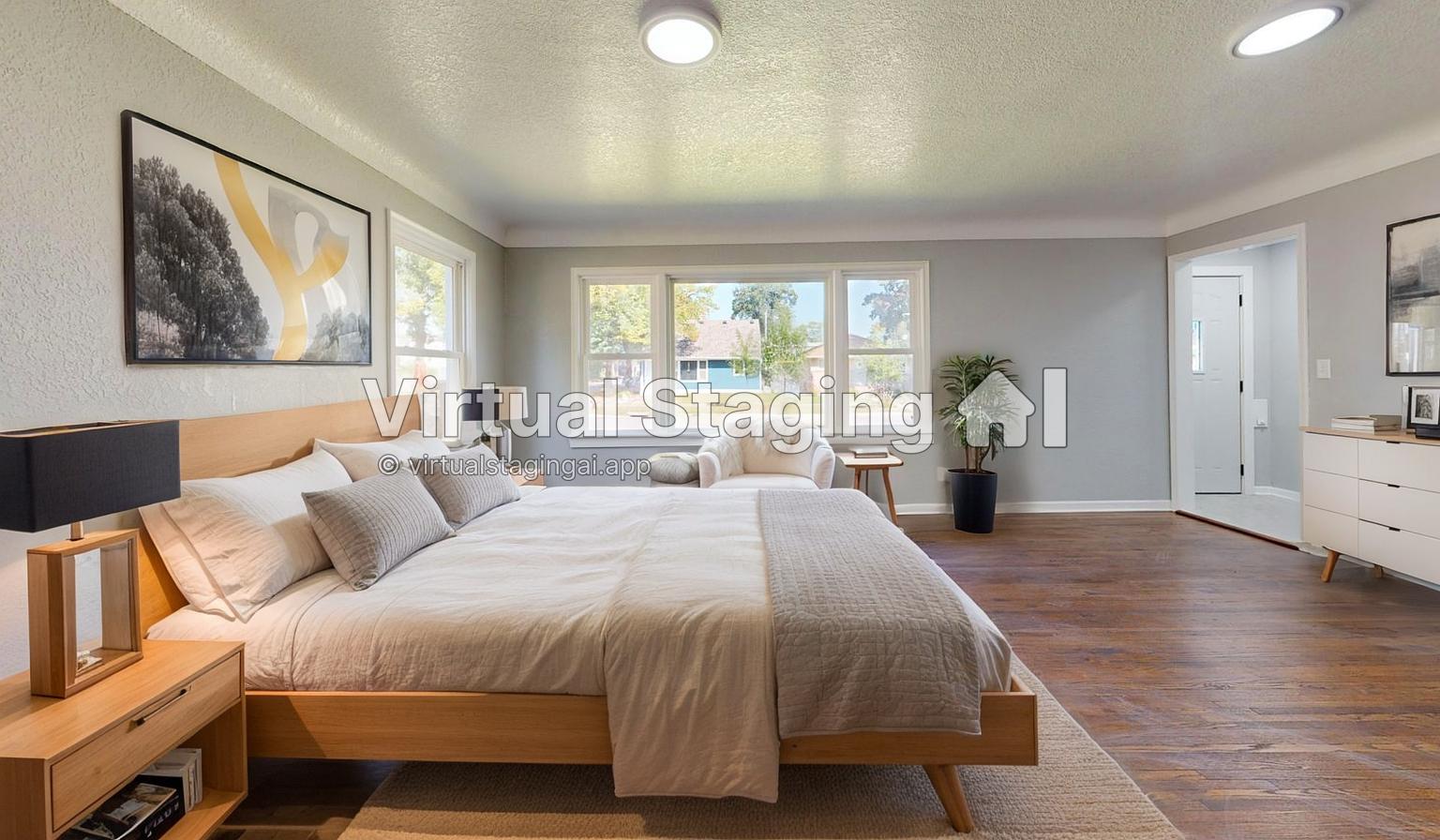The same room staged as a bedroom by Virtual Staging AI, with a wood bed, matching nightstands and framed art